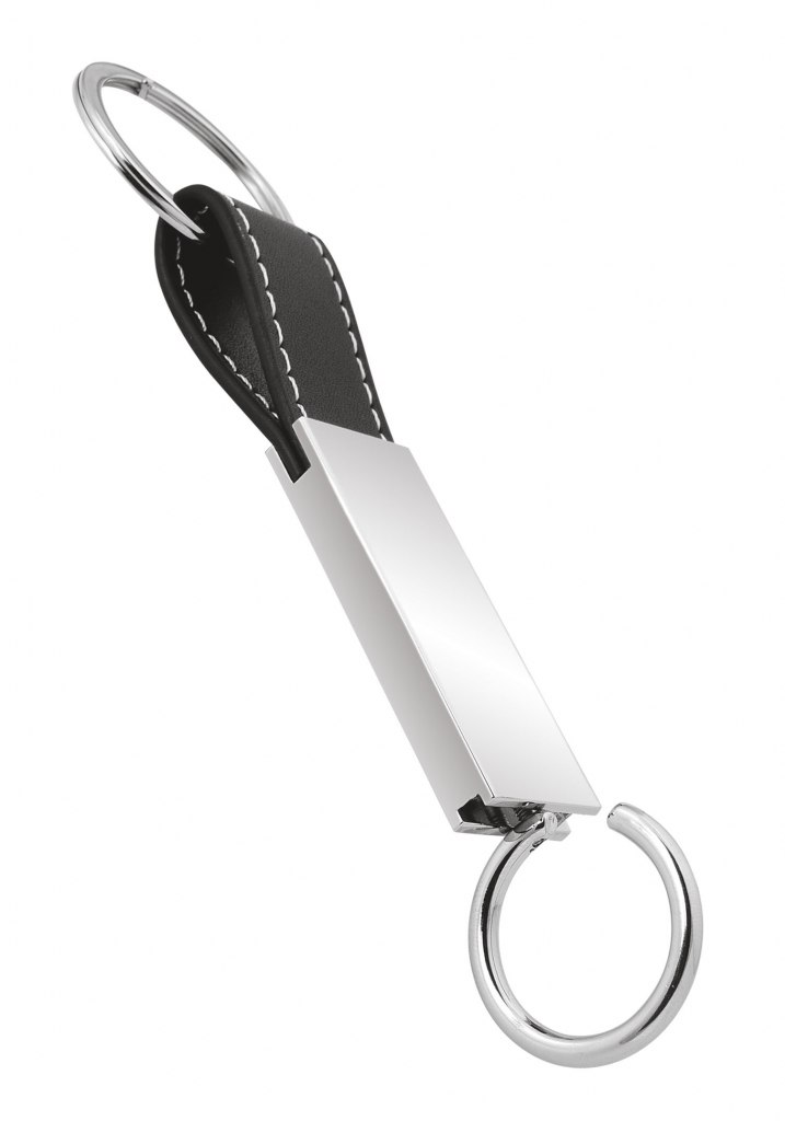 KEYCHAIN  SHINY METAL - BLACK LEATHER