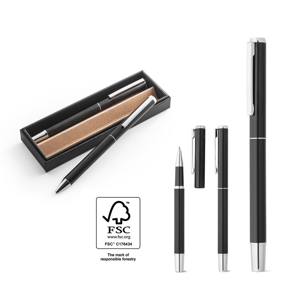 LEAH. Roller and ballpoint pen set in recycled aluminium (53% and 94% recycled, respectively) with clip