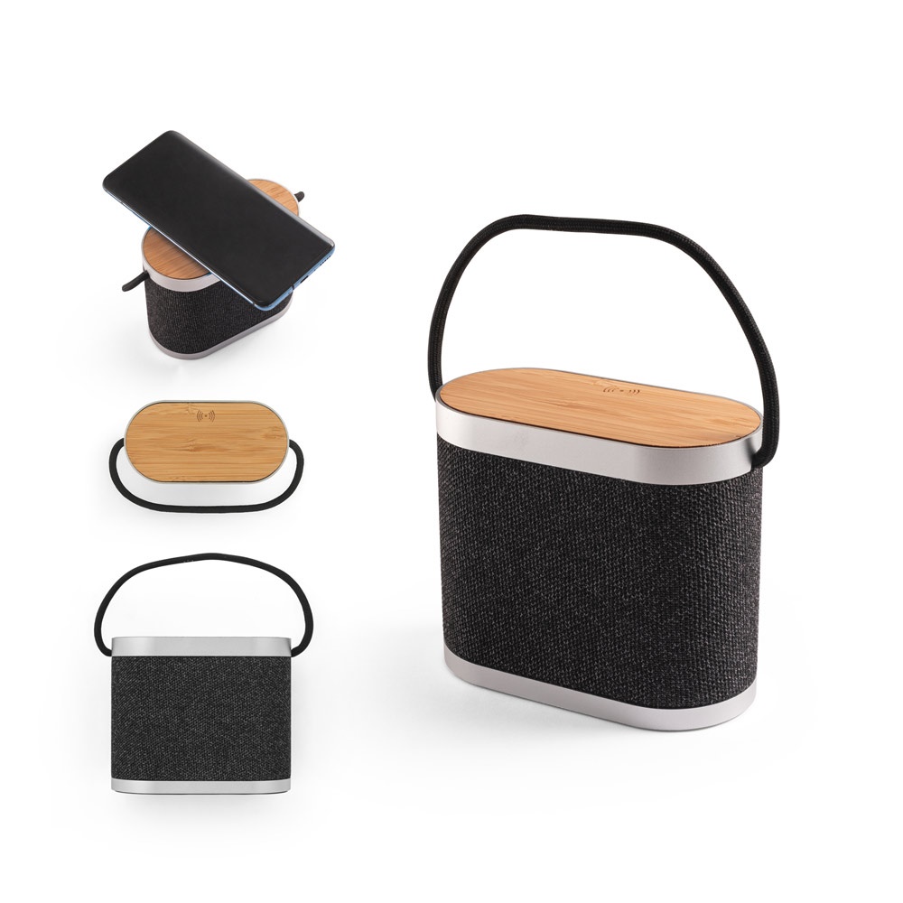 GUETTA. 5W portable speaker with super-fast 15W wireless charger and 2h battery life made of bamboo and 100% rPET