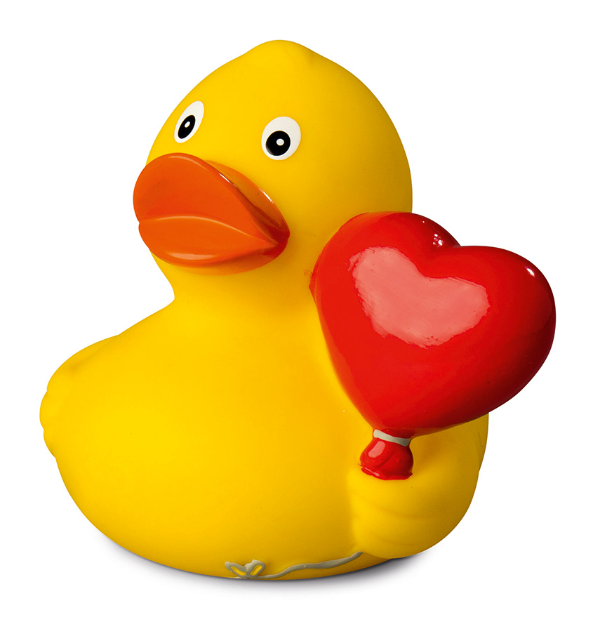 Squeaky duck, heart balloon