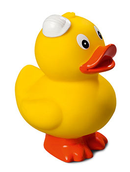 Squeaky duck standing, construction helmet